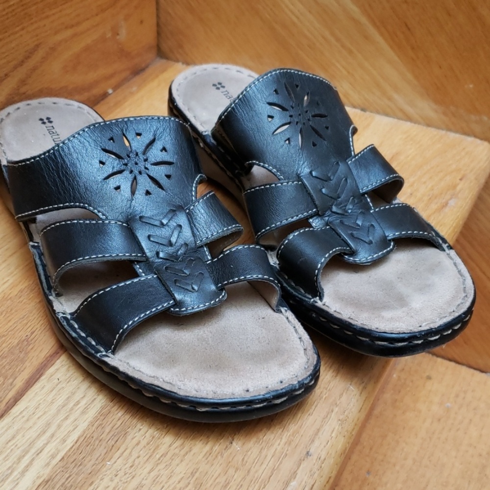 Black leather slip on sandals